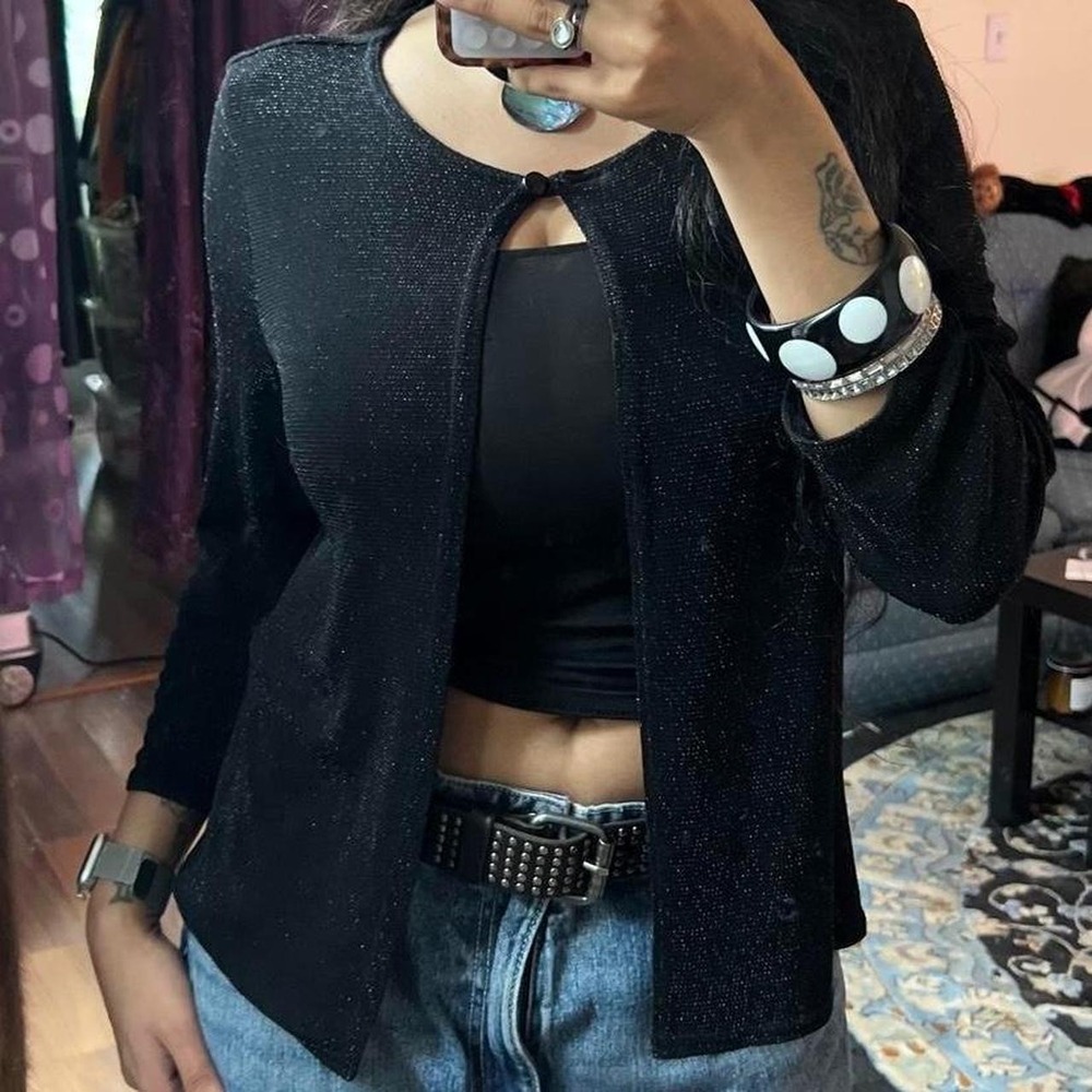 Black Metallic One Button Cardigan